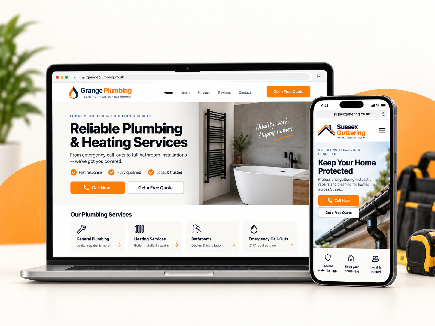 Examples of UK trades websites built by Sites For Tradies displayed on laptop and mobile