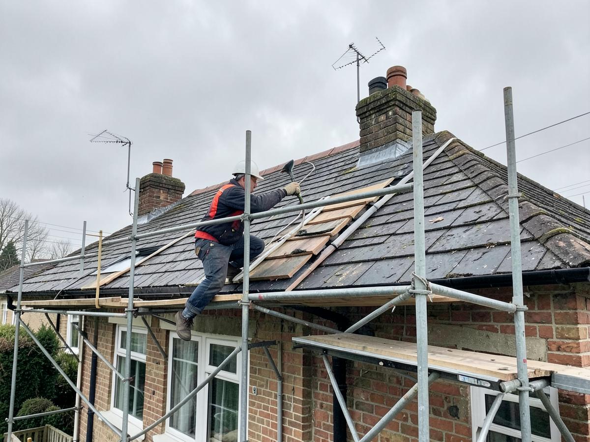 Roofer working on scaffolding on a UK house