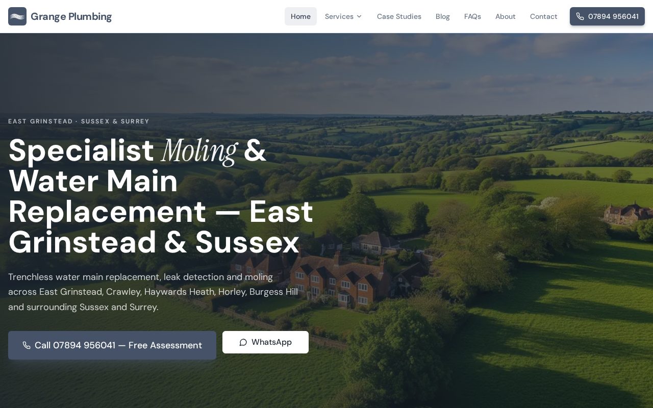 Home page of the Grange Plumbing website, a Sussex water main replacement and moling specialist