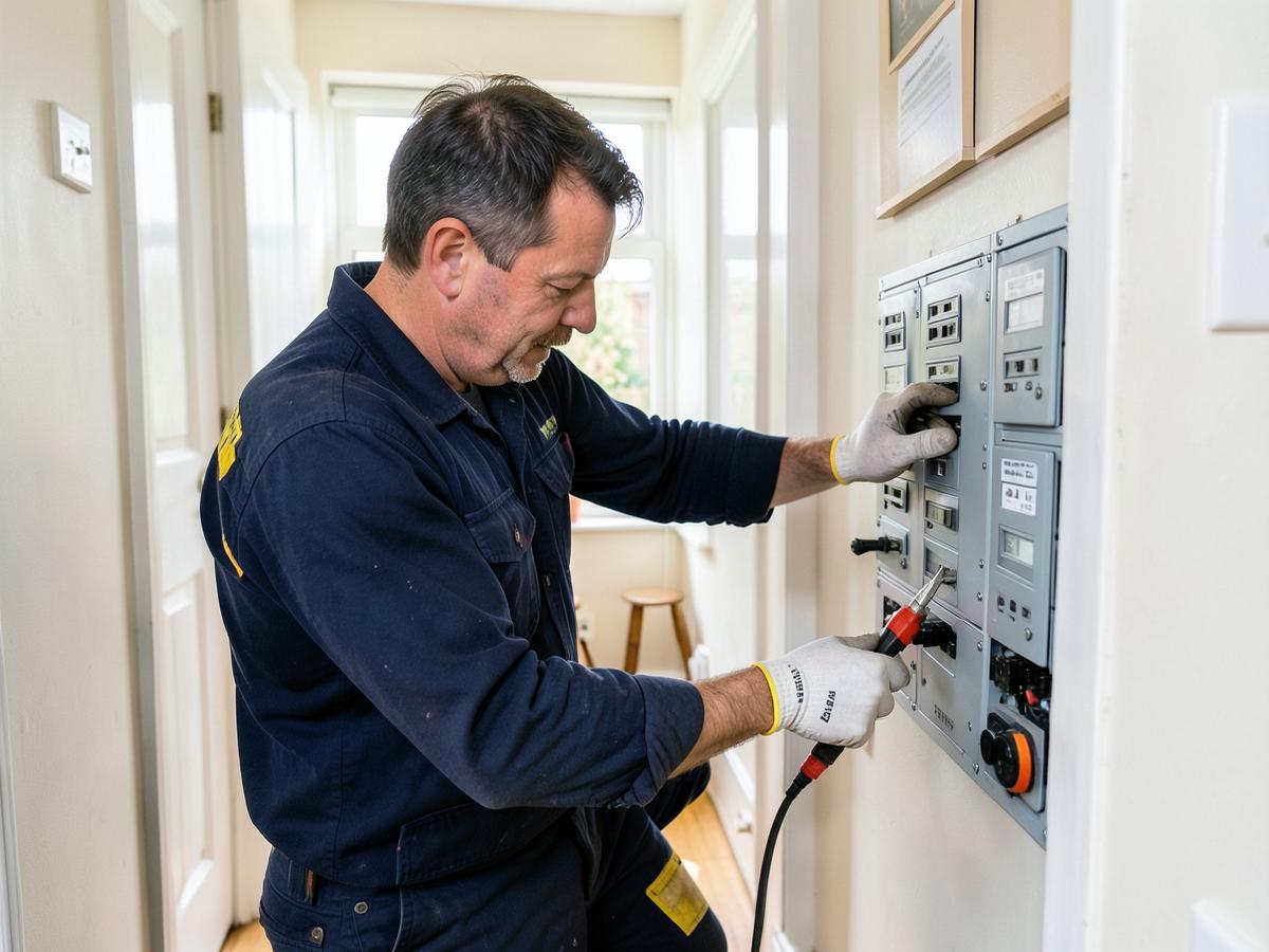 Electrician working on a consumer unit in a UK home